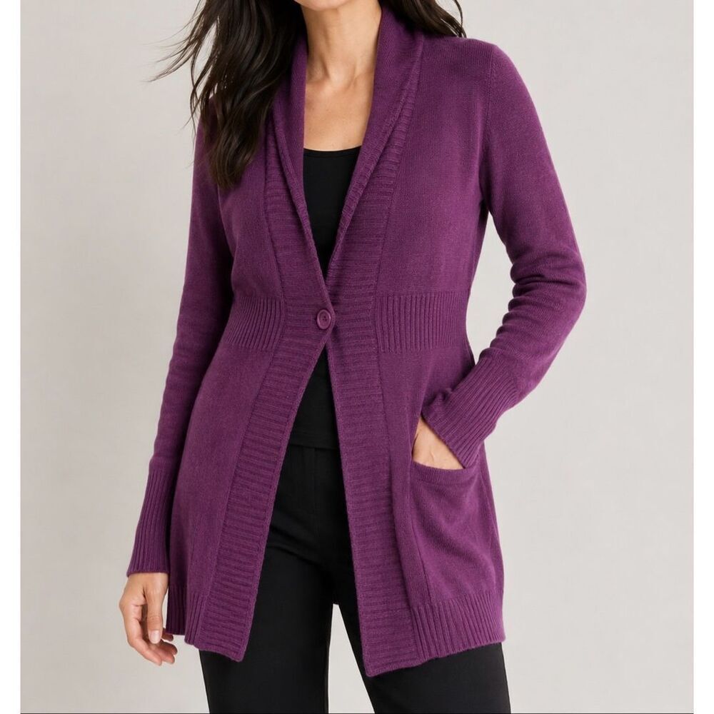 Eileen Fisher Petite Purple Italian Yarn Shawl Collar Cardigan PM